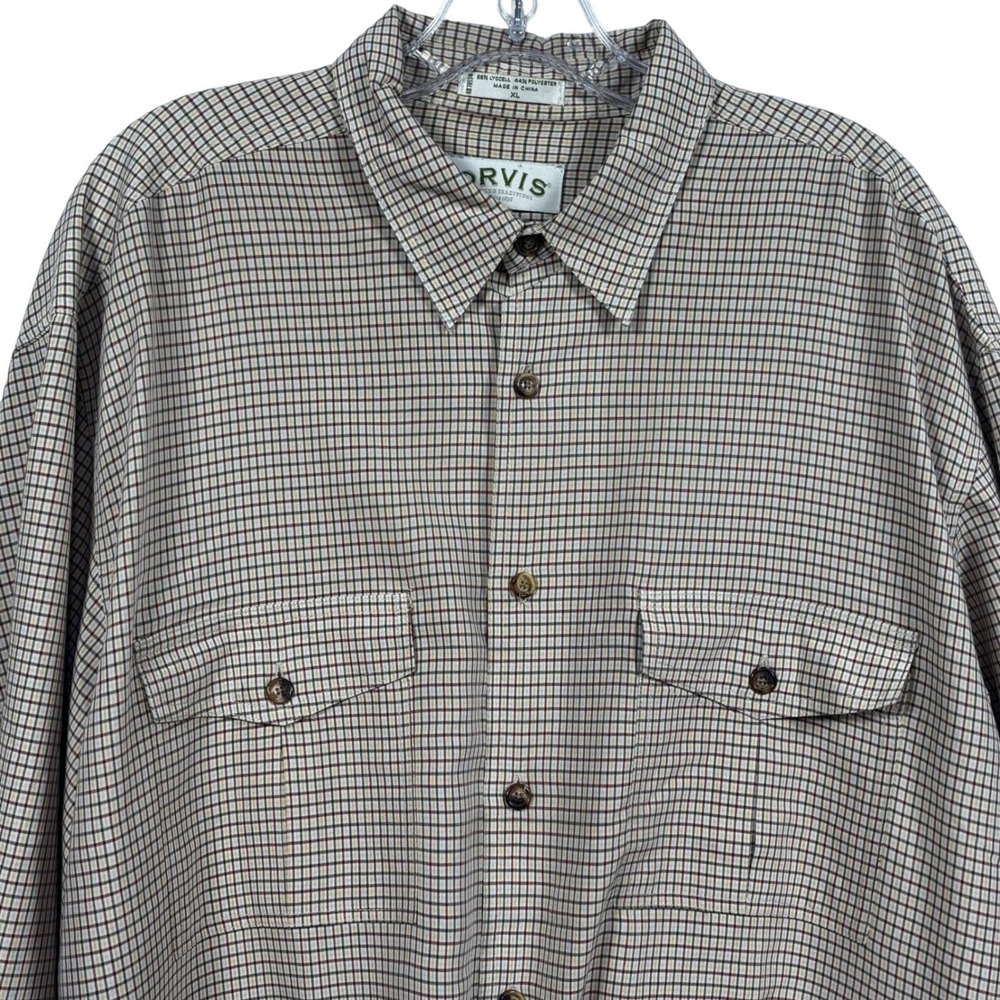 Orvis Mens Plaid Button Down Shirt Long Sleeve XL Beige Lyocell Blend 99Y9-2754